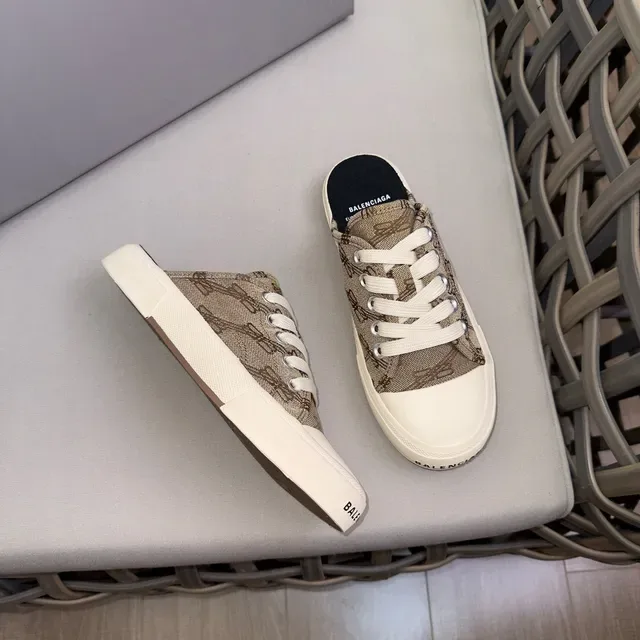 Beige Canvas Jacquard Upper Mule-Style Open Heel Casual Shoes 4