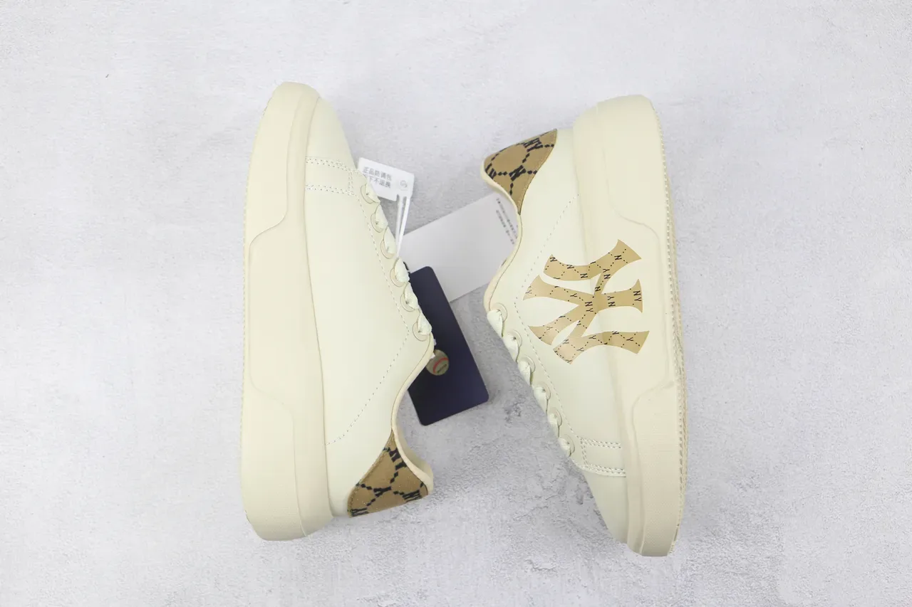 Beige Gold Platform Sole Embroidered Logo Sneakers 2