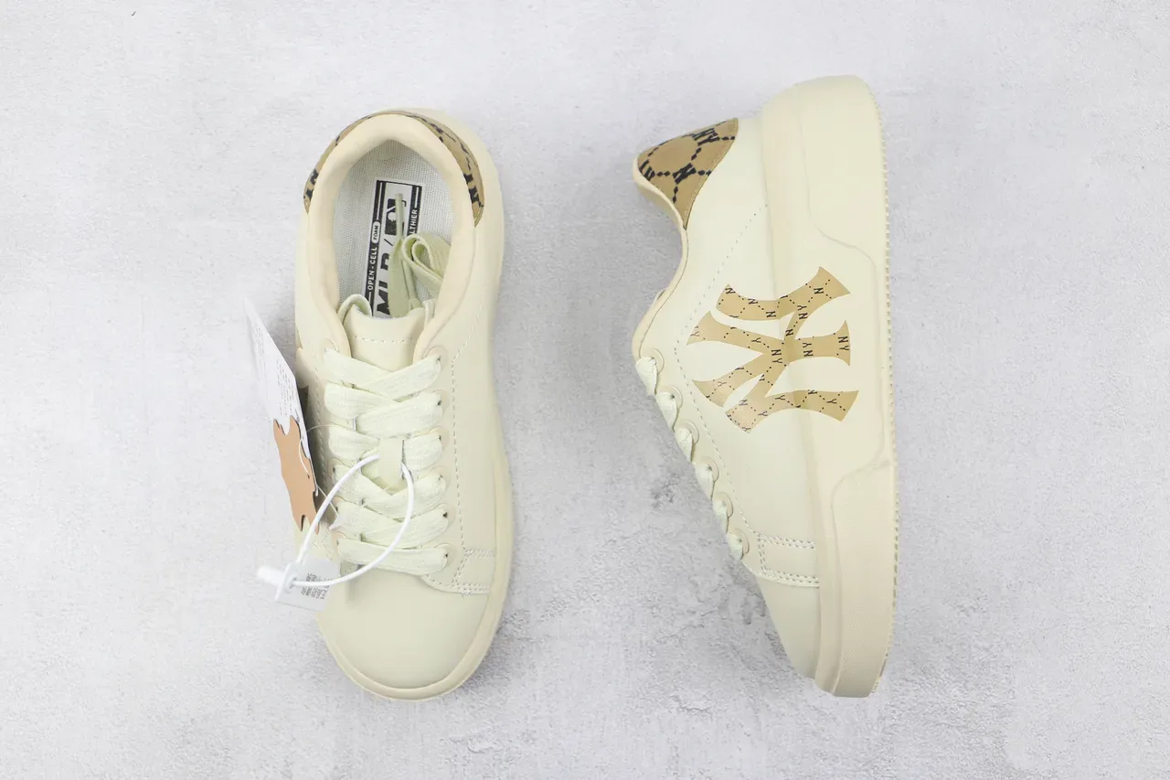 Beige Gold Platform Sole Embroidered Logo Sneakers 3