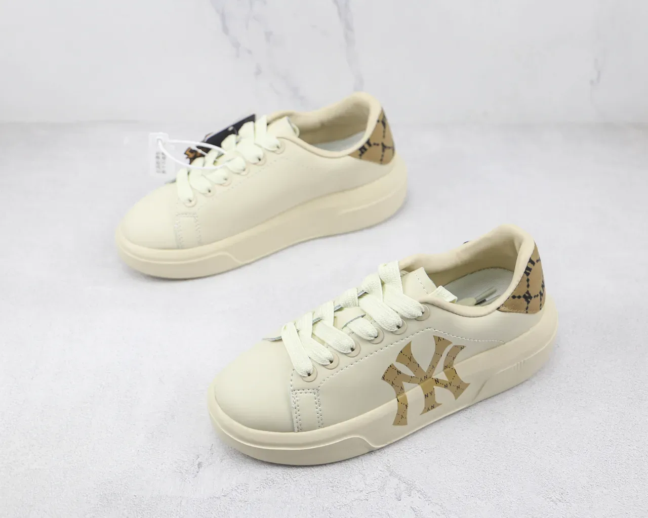 Beige Gold Platform Sole Embroidered Logo Sneakers 4