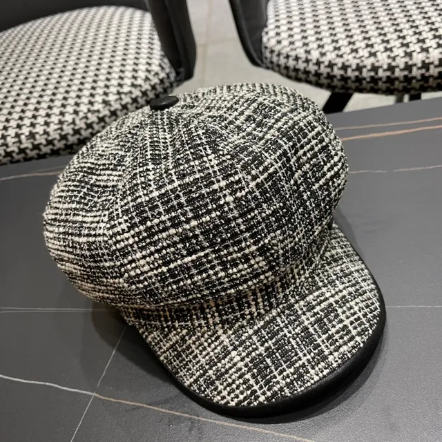 Beige Multicolor Tweed Tissu Tissé Construction Huit Panneaux Béret 4