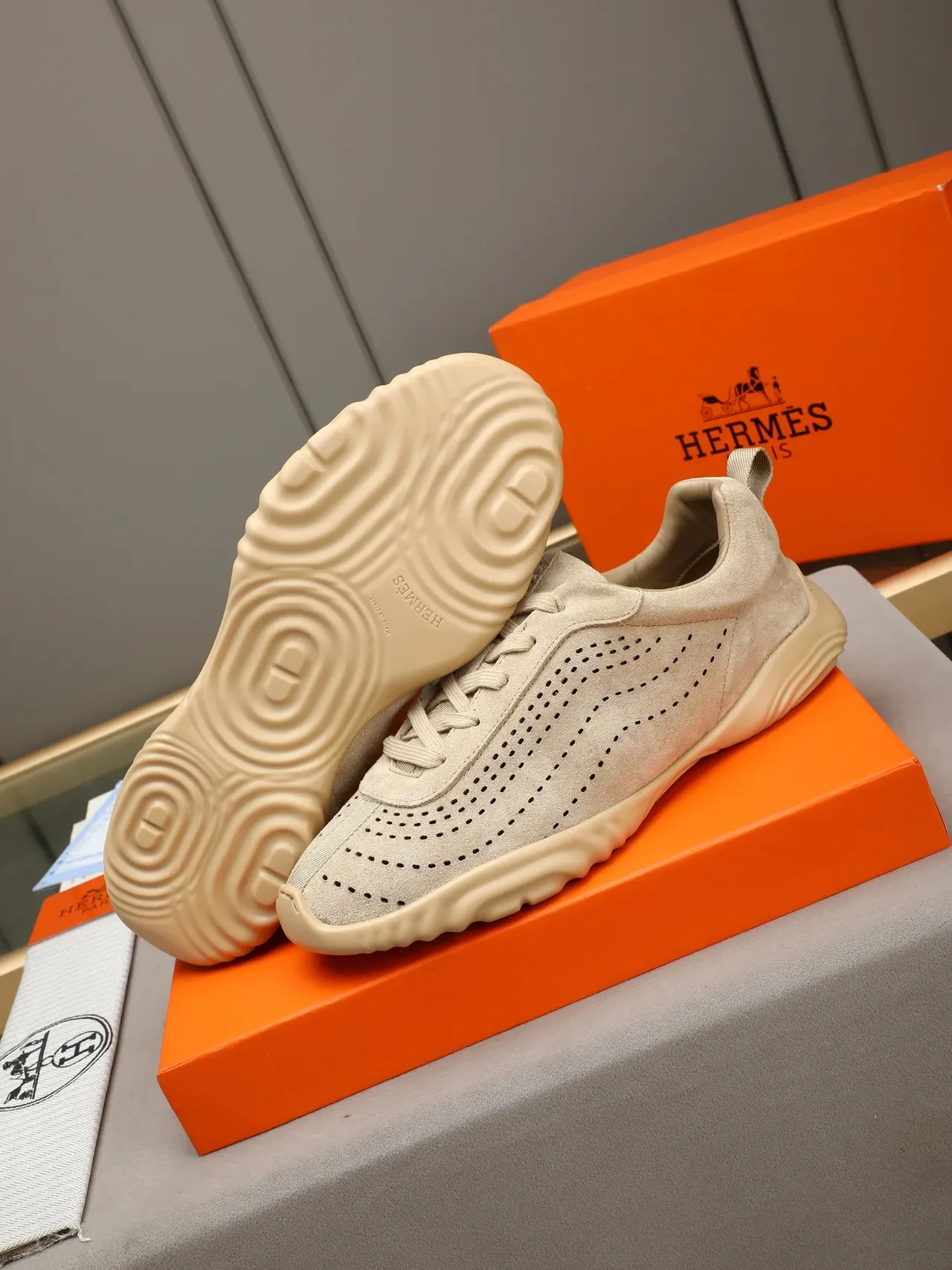 Beige Perforated Suede Sculpted Midsole Lifestyle Sneaker 4