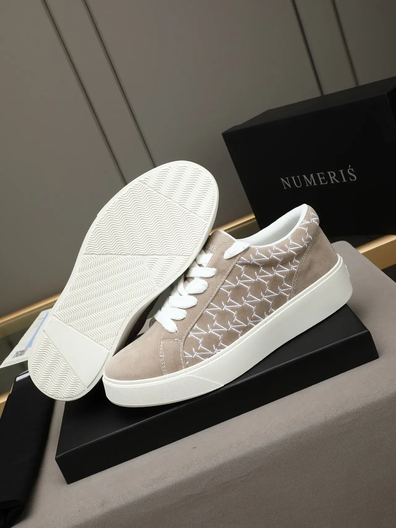 Beige Suede Monogram Platform Low-Top Sneaker 4