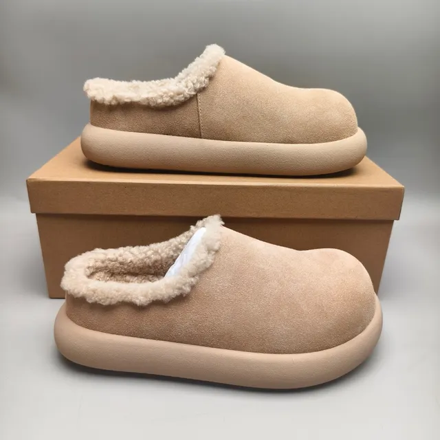 Beige White Suede-Like Upper Shearling-Lined Collar Casual Shoes 5