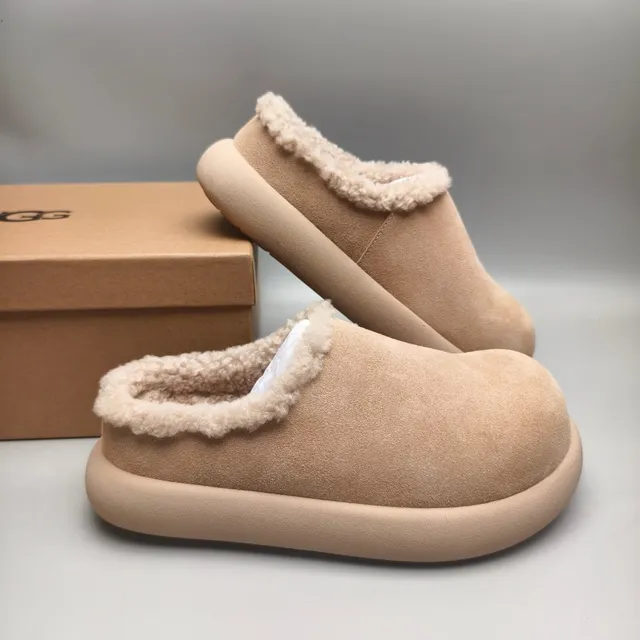 Beige White Suede-Like Upper Shearling-Lined Collar Casual Shoes 6