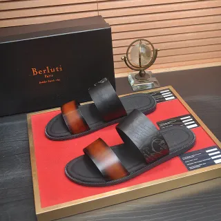 Berluti Alessandro Slide 黑棕色 双带内侧 休闲凉鞋