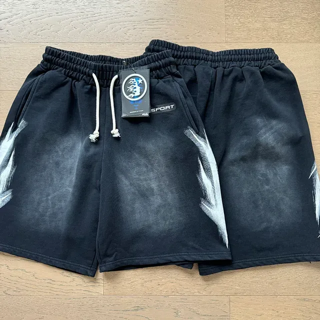 Black Acid-Wash Flame Graphic Drawstring Waist Shorts 3