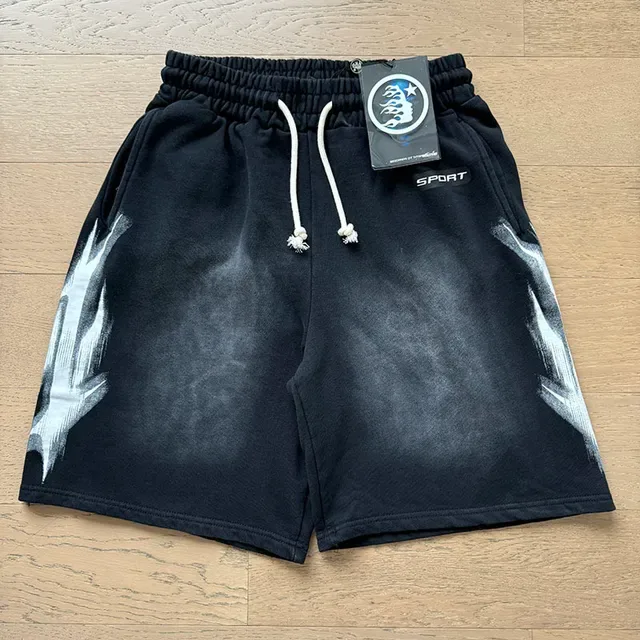 Black Acid-Wash Flame Graphic Drawstring Waist Shorts 4