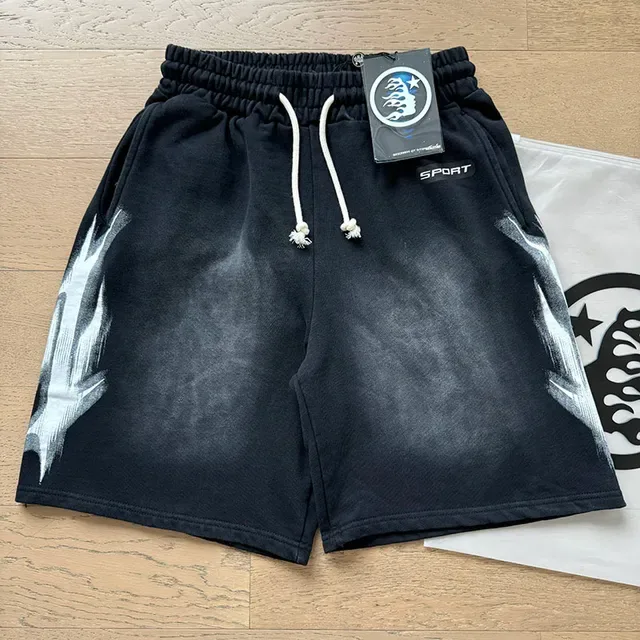Black Acid-Wash Flame Graphic Drawstring Waist Shorts 5