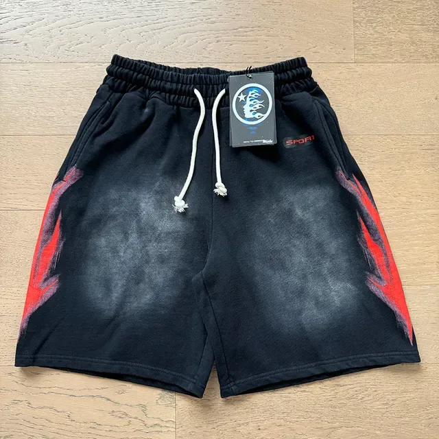Black Acid-Wash Flame Graphic Drawstring Waist Shorts 8