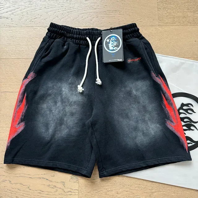 Black Acid-Wash Flame Graphic Drawstring Waist Shorts 9