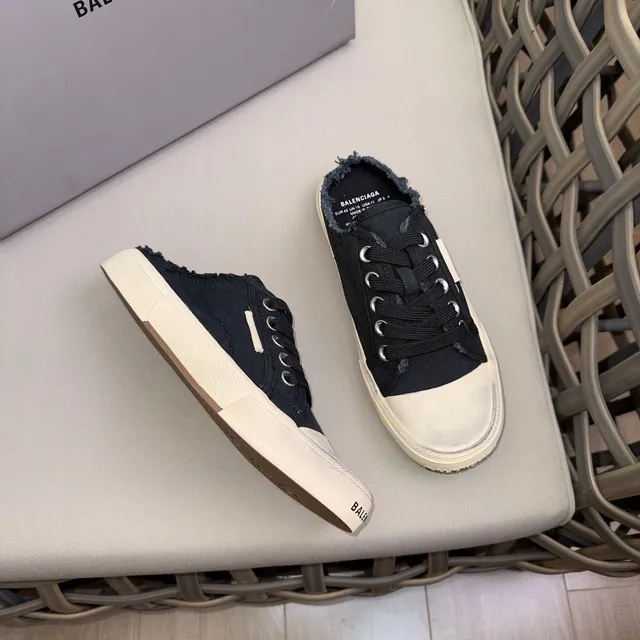 Black Beige Canvas Upper Frayed Open Heel Casual Shoes 4