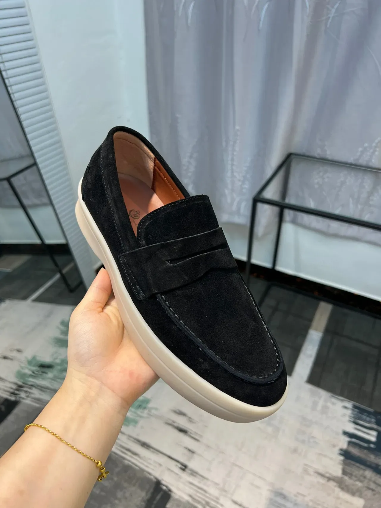 Black Beige Suede Upper Penny Strap Loafer 6