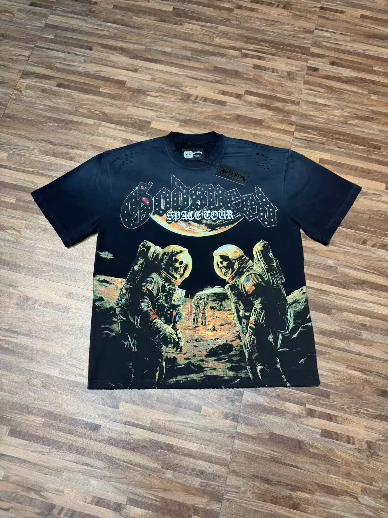 Black Blue Graphic-Print Distressed Perforated Shoulders T-Shirt 3