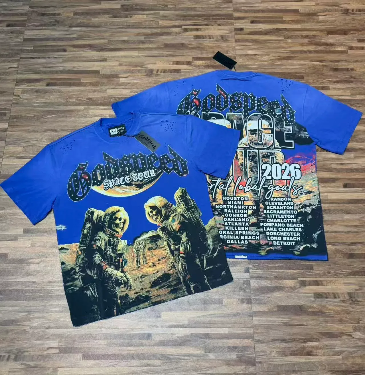 Black Blue Graphic-Print Distressed Perforated Shoulders T-Shirt 5