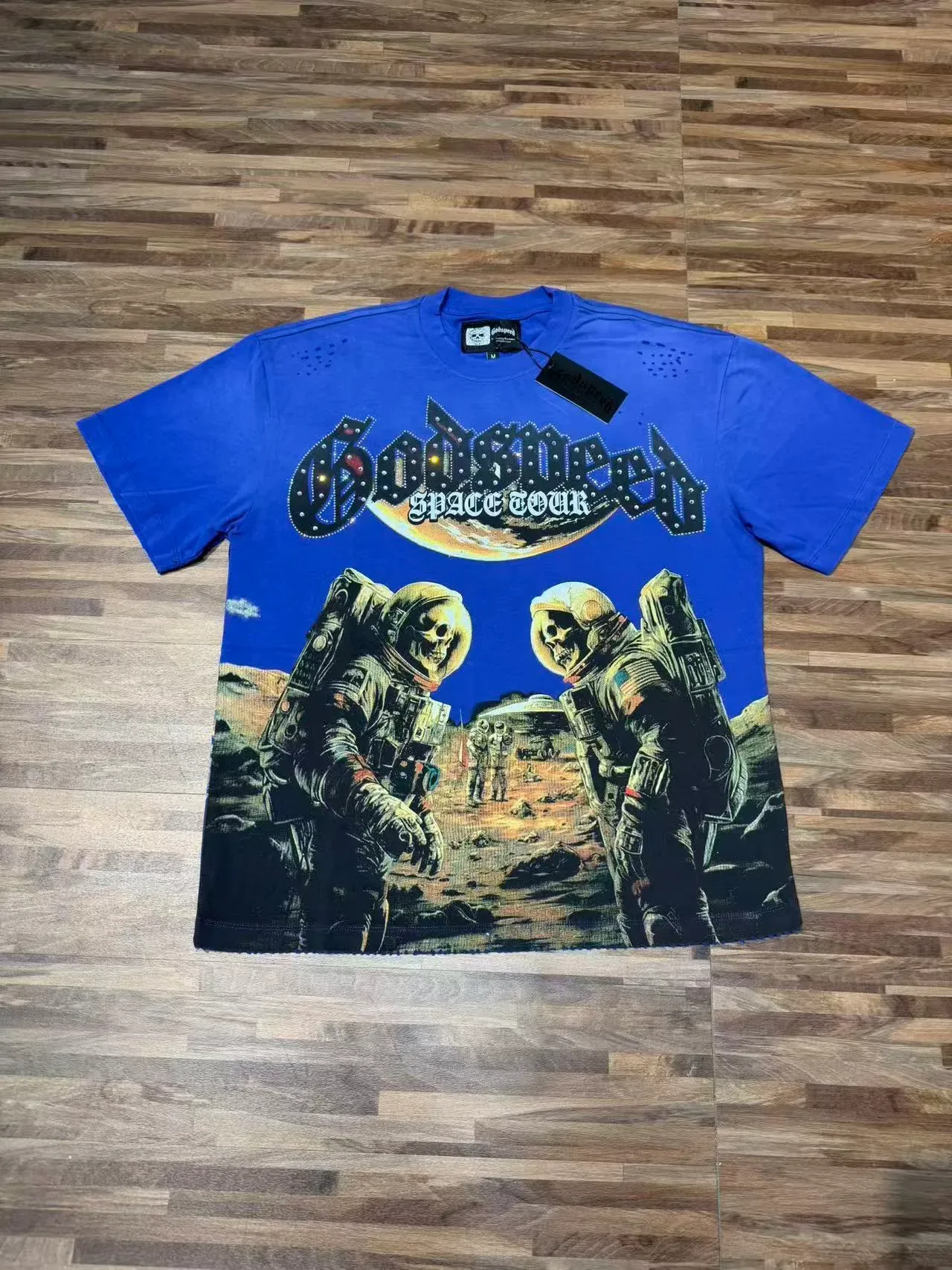 Black Blue Graphic-Print Distressed Perforated Shoulders T-Shirt 6