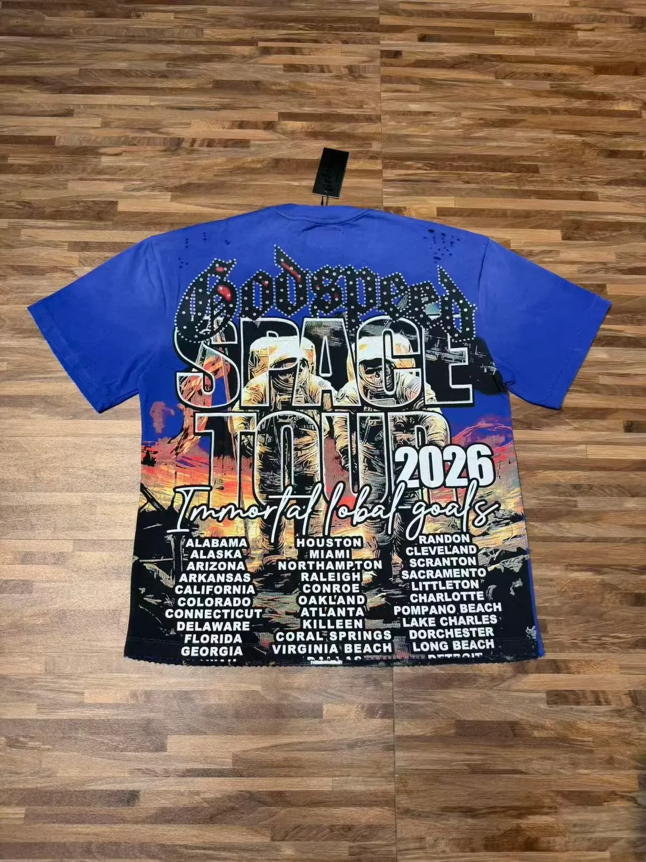 Black Blue Graphic-Print Distressed Perforated Shoulders T-Shirt 7