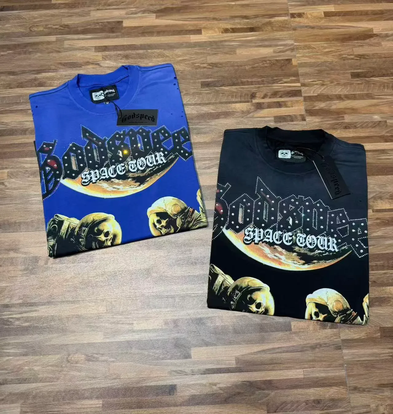 Black Blue Graphic-Print Distressed Perforated Shoulders T-Shirt 9