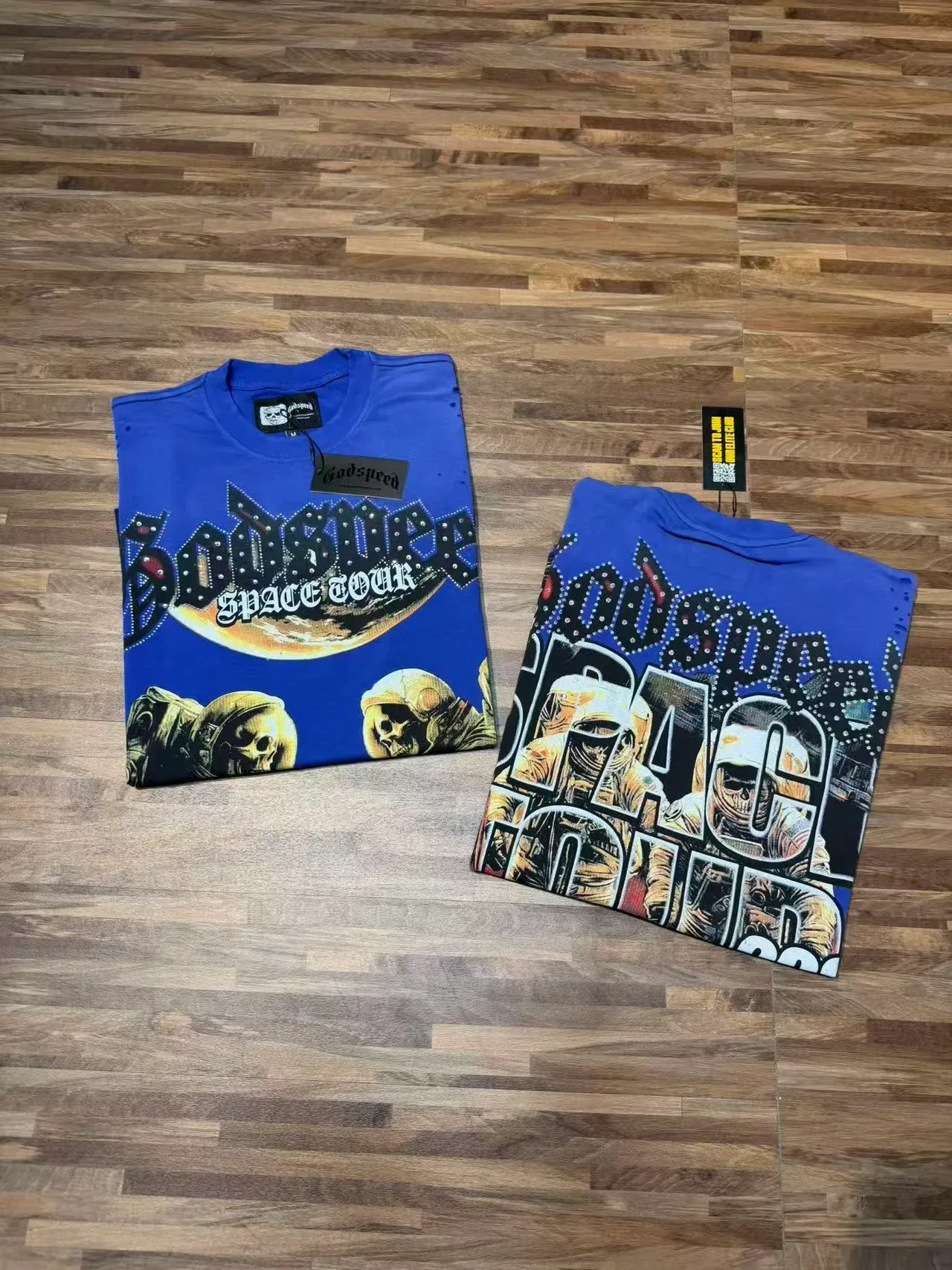 Black Blue Graphic-Print Distressed Perforated Shoulders T-Shirt 10