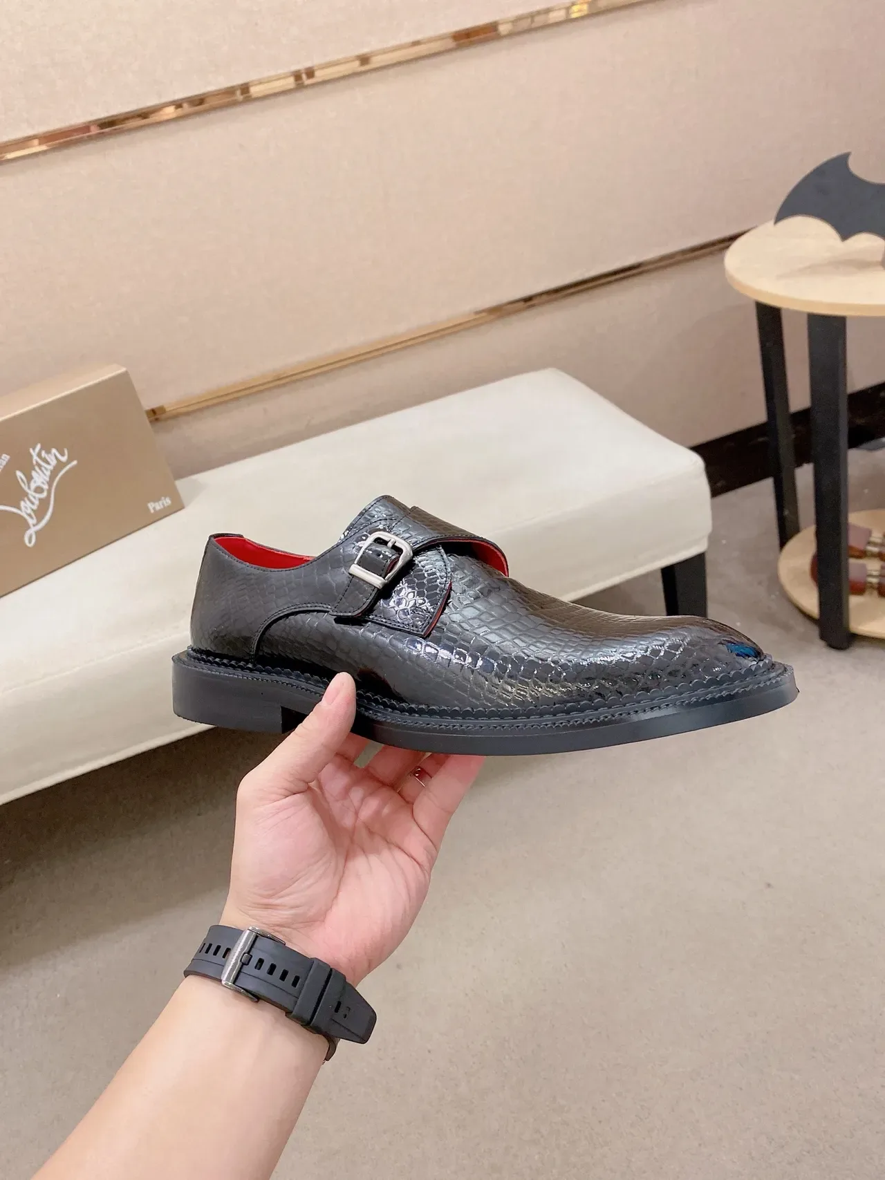 Black Croc-Embossed Single-Buckle Monk Shoe 5