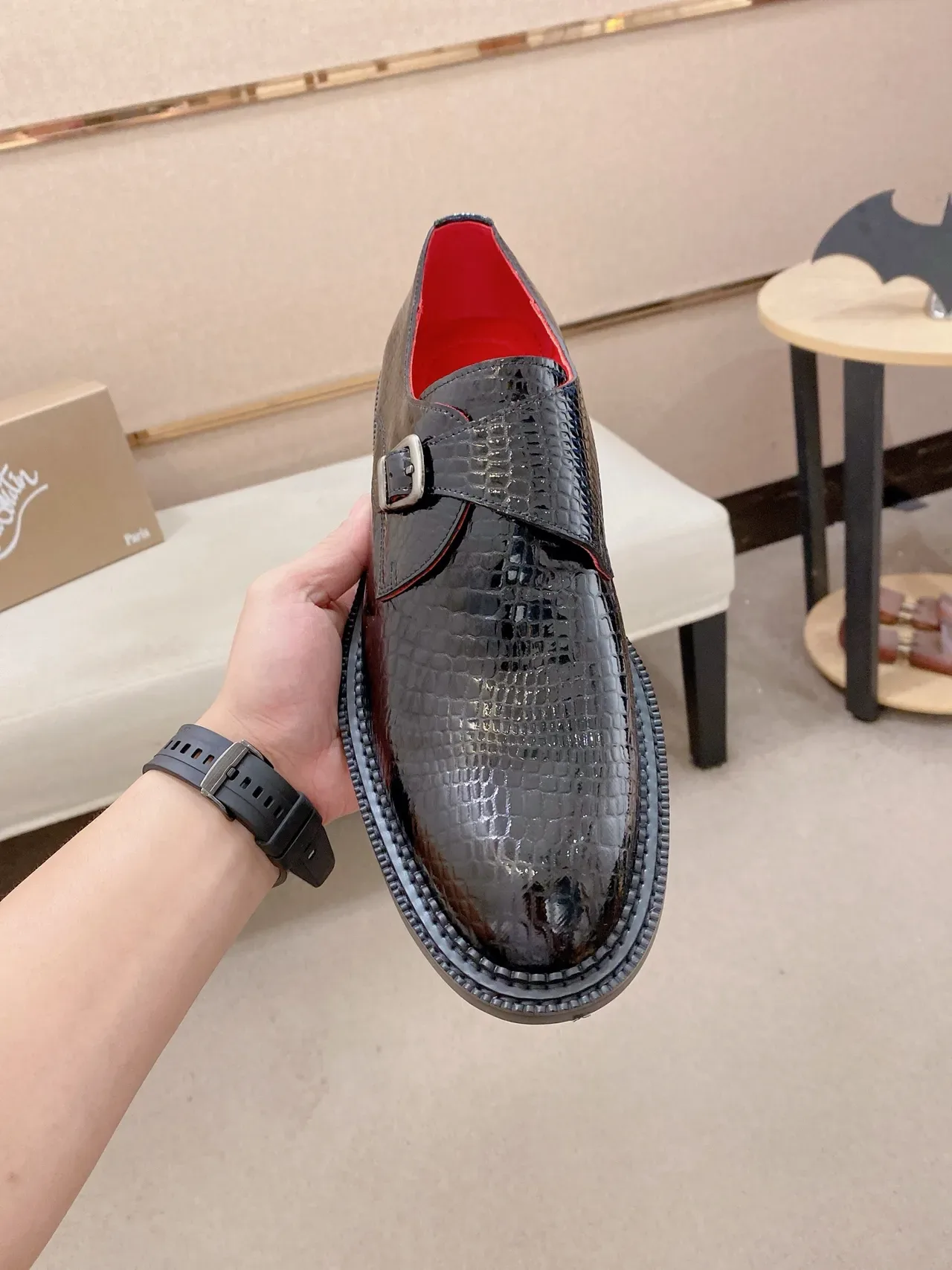 Black Croc-Embossed Single-Buckle Monk Shoe 6