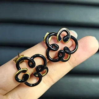 Black Enamel and Gold-Tone Scroll Motif Stud Earrings
