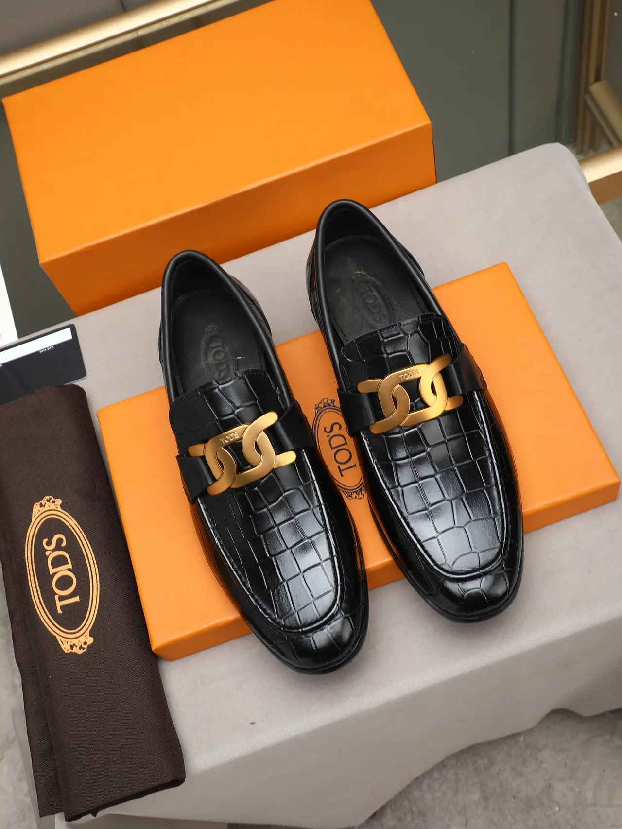 Black Gold Crocodile-Embossed Leather Buckle Strap Loafer 2