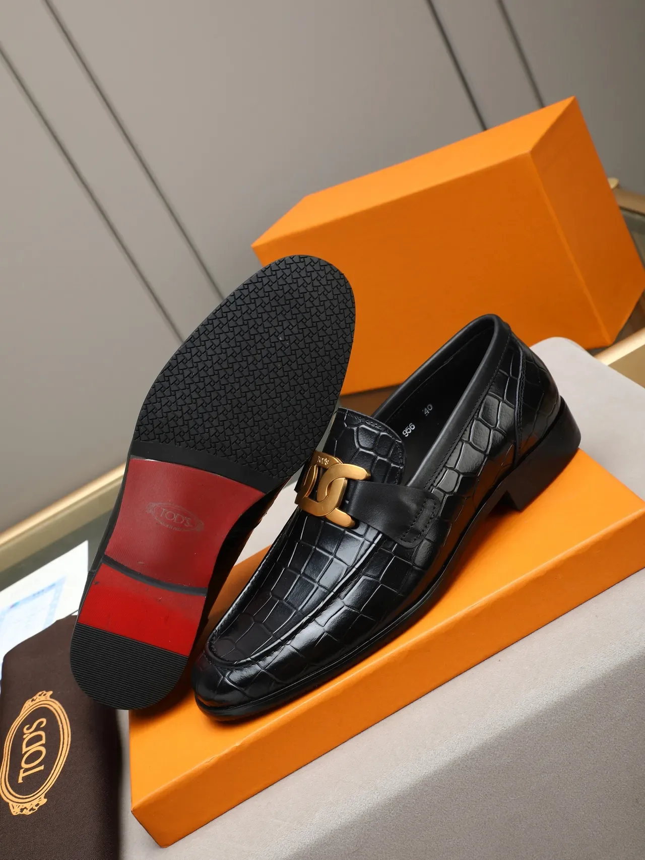 Black Gold Crocodile-Embossed Leather Buckle Strap Loafer 4