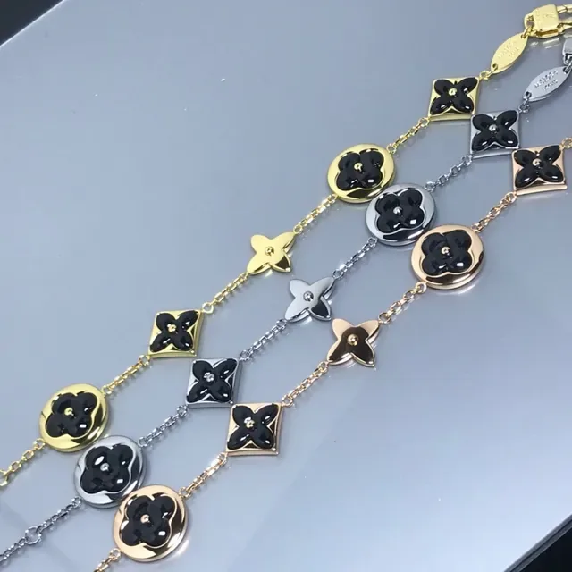 Black Gold Floral Enamel Charms Mixed-Metal Finish Bracelet 2
