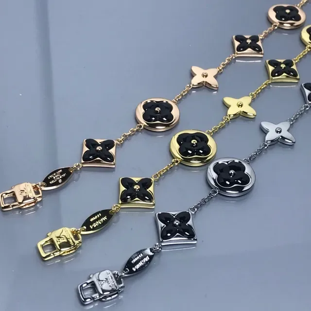 Black Gold Floral Enamel Charms Mixed-Metal Finish Bracelet 3