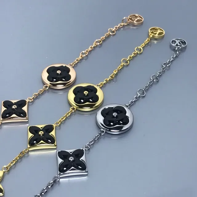 Black Gold Floral Enamel Charms Mixed-Metal Finish Bracelet 4