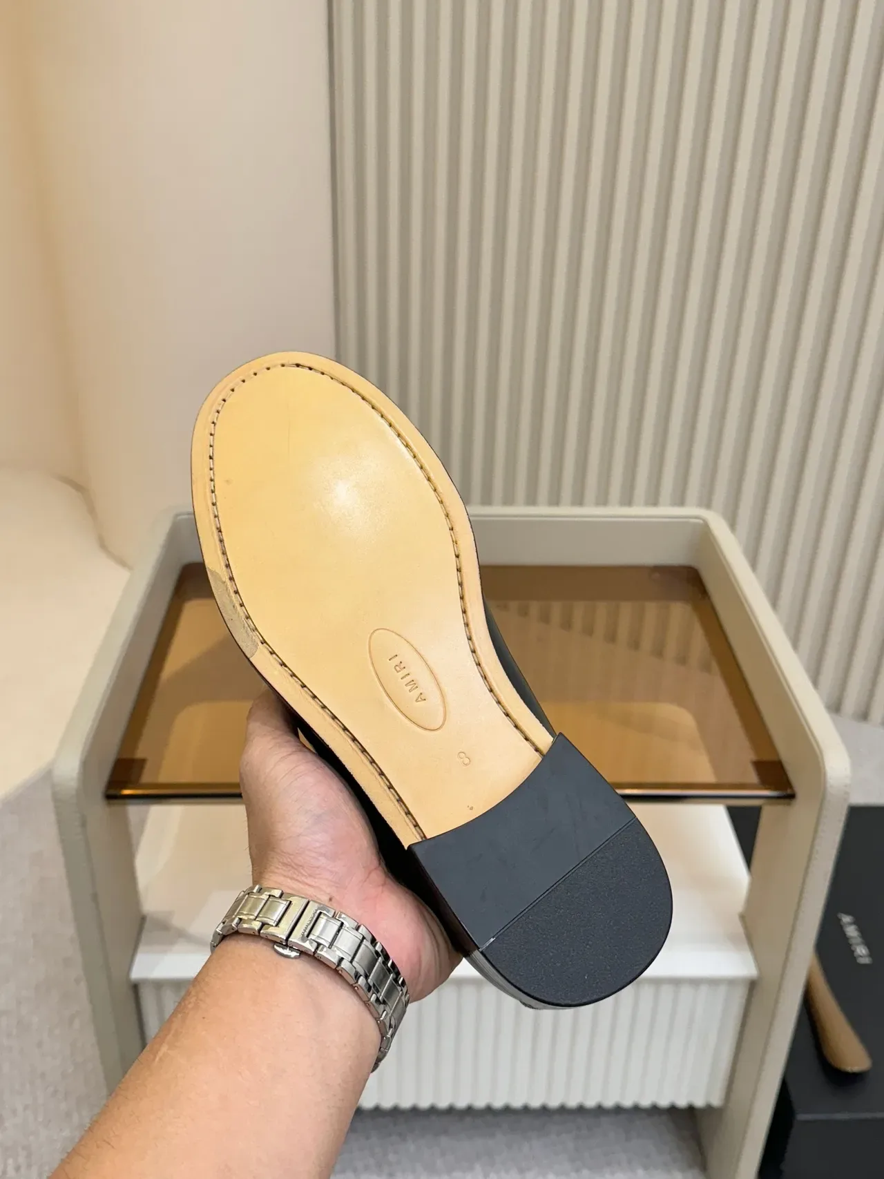 Black Gold Glossy Patent Leather Chain-Link Logo Ornament Loafer 2