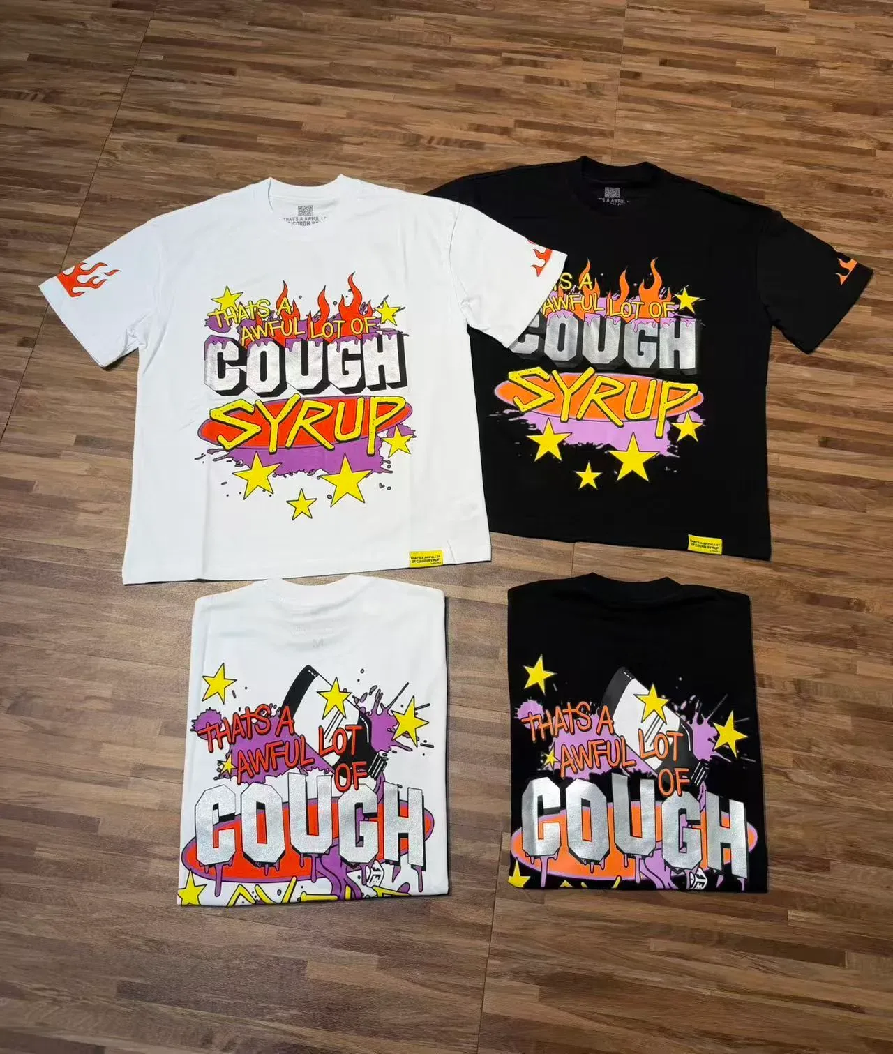 Black Graphic-Print Flame and Star Motif T-Shirt 2