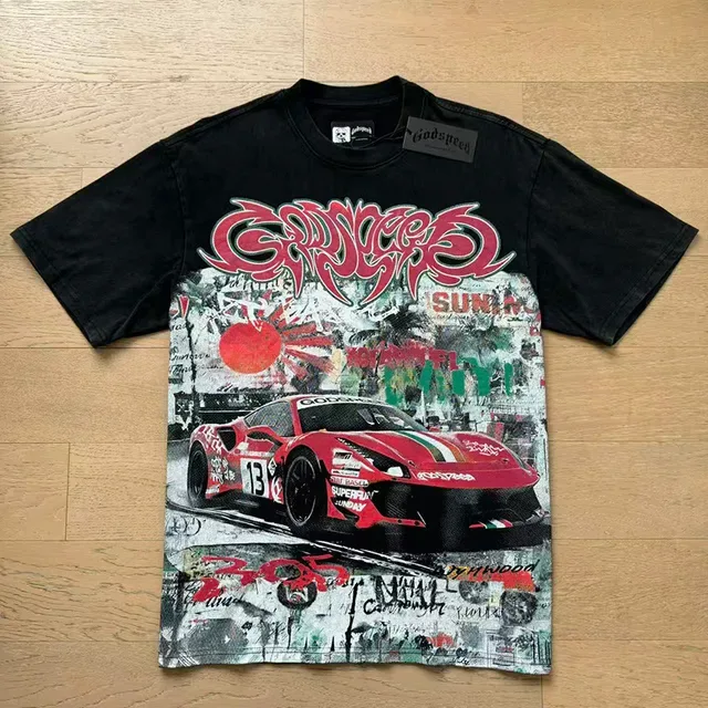 Black Graphic-Print Racing Car Motif Oversized T-Shirt 4