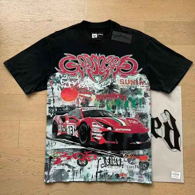 Black Graphic-Print Racing Car Motif Oversized T-Shirt 5