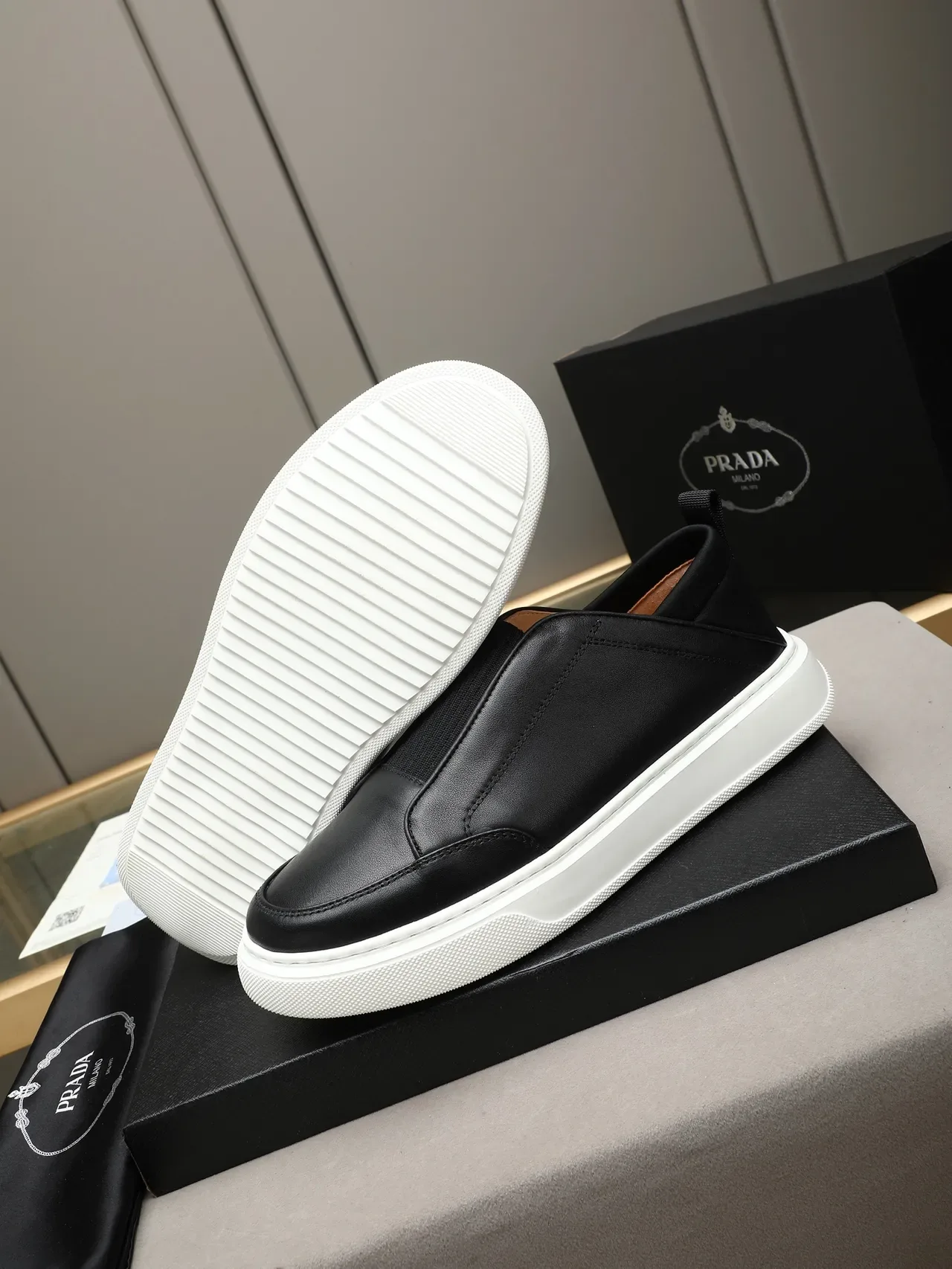 Black Leather Slip-On Platform Casual Shoe 4