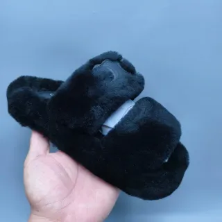 Black Plush Faux Fur Double-Strap Slide Slippers