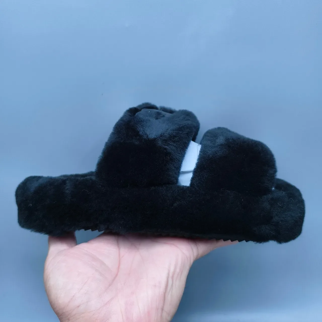 Black Plush Faux Fur Double-Strap Slide Slippers 2