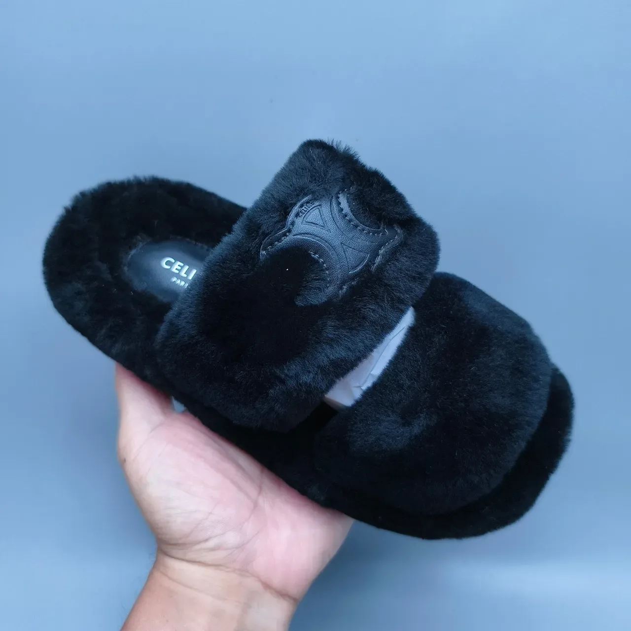 Black Plush Faux Fur Double-Strap Slide Slippers 3