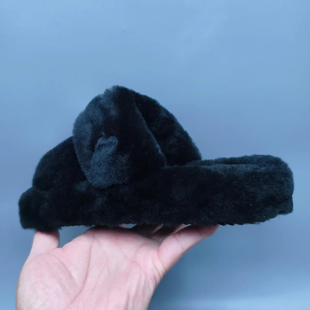 Black Plush Faux Fur Double-Strap Slide Slippers 4