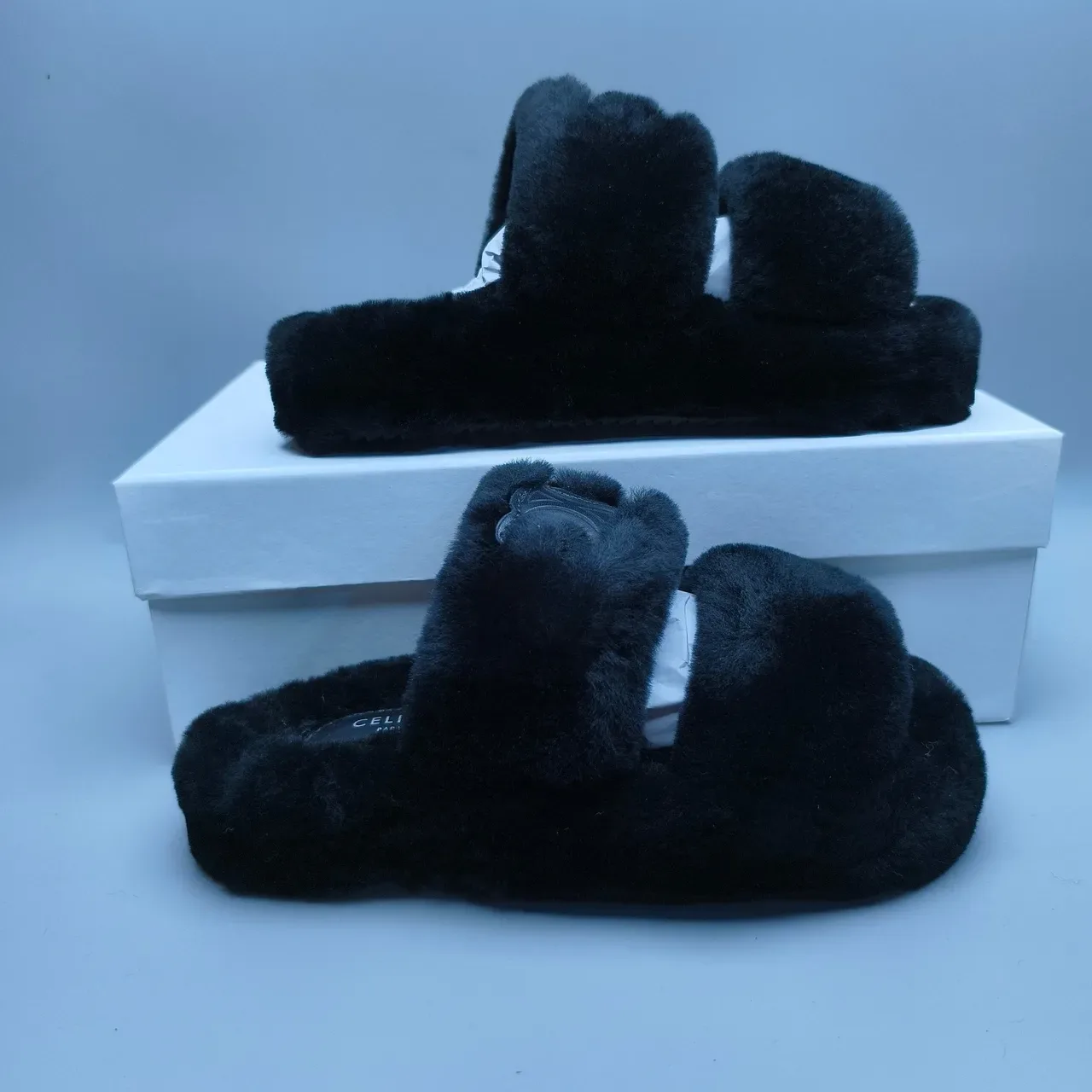 Black Plush Faux Fur Double-Strap Slide Slippers 5