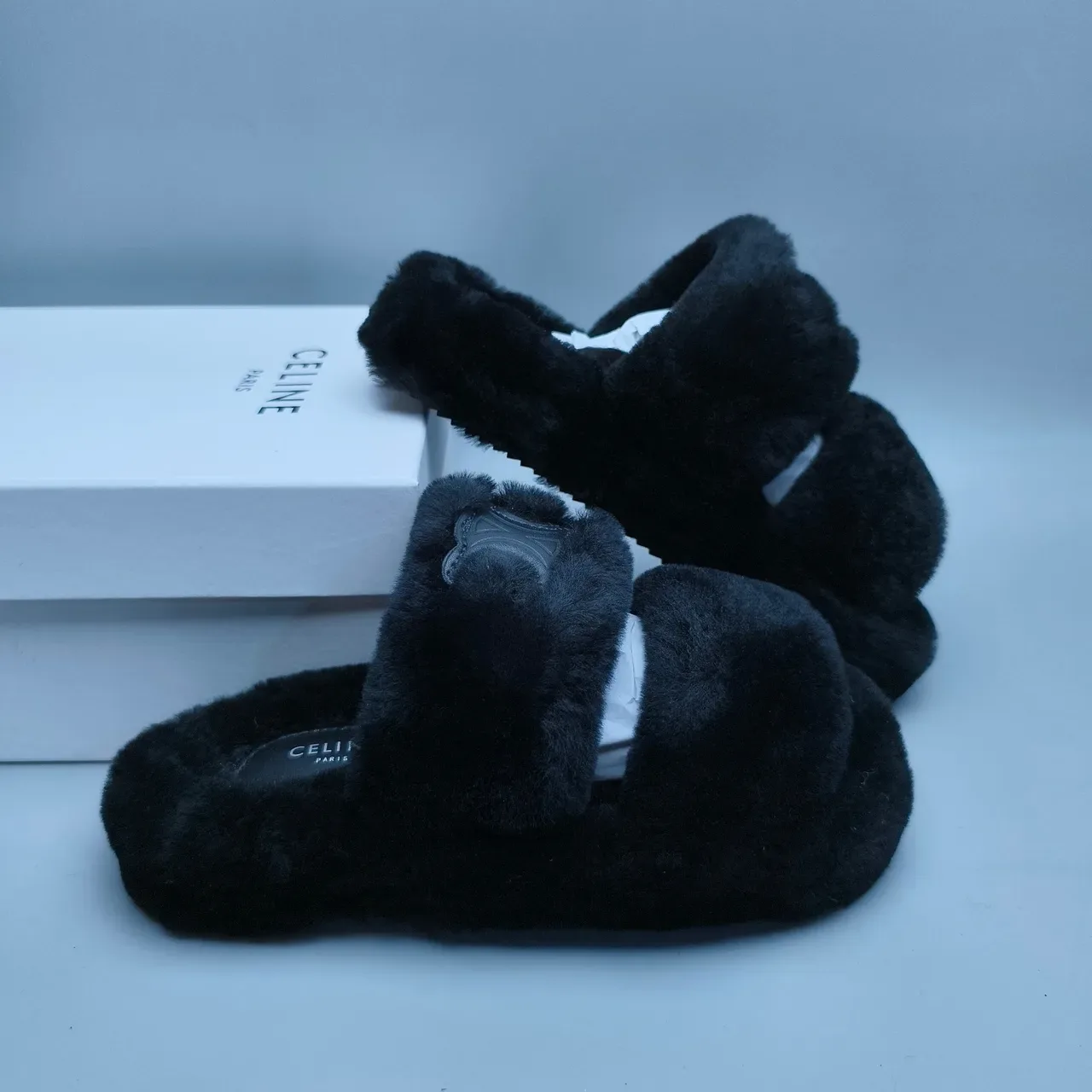 Black Plush Faux Fur Double-Strap Slide Slippers 6