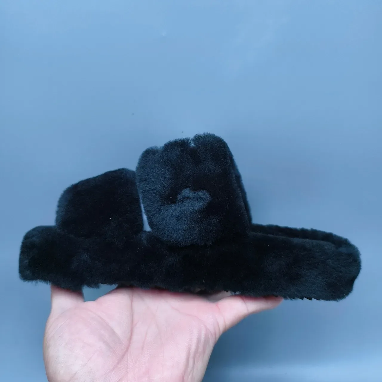 Black Plush Faux Fur Double-Strap Slide Slippers 7