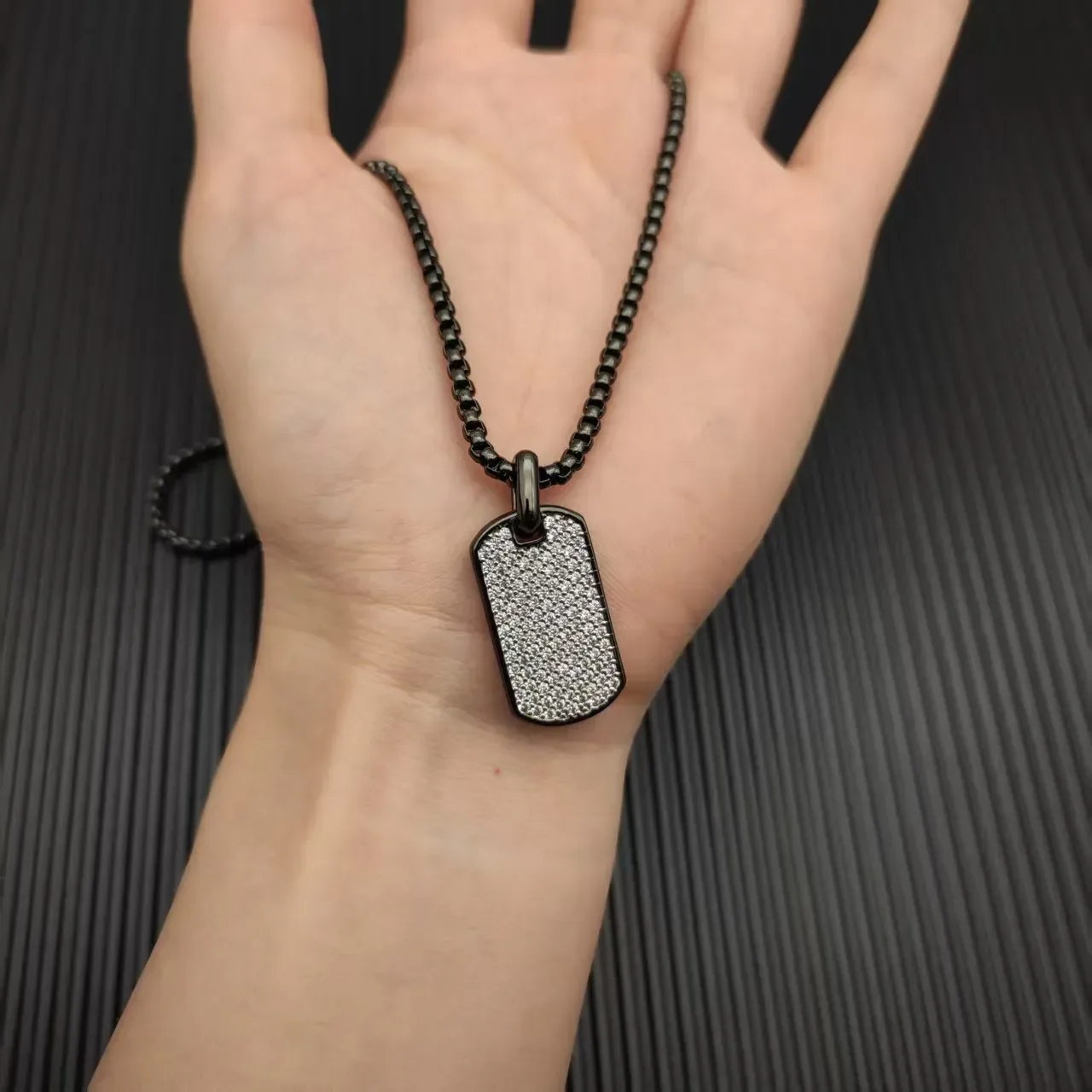 Black Silver Curb Chain Dog-Tag Pendant Necklace 6