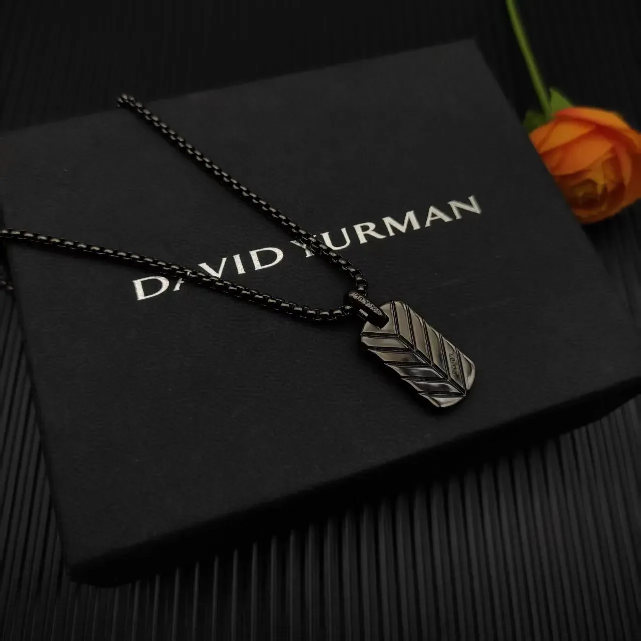 Black Silver Curb Chain Dog-Tag Pendant Necklace 8