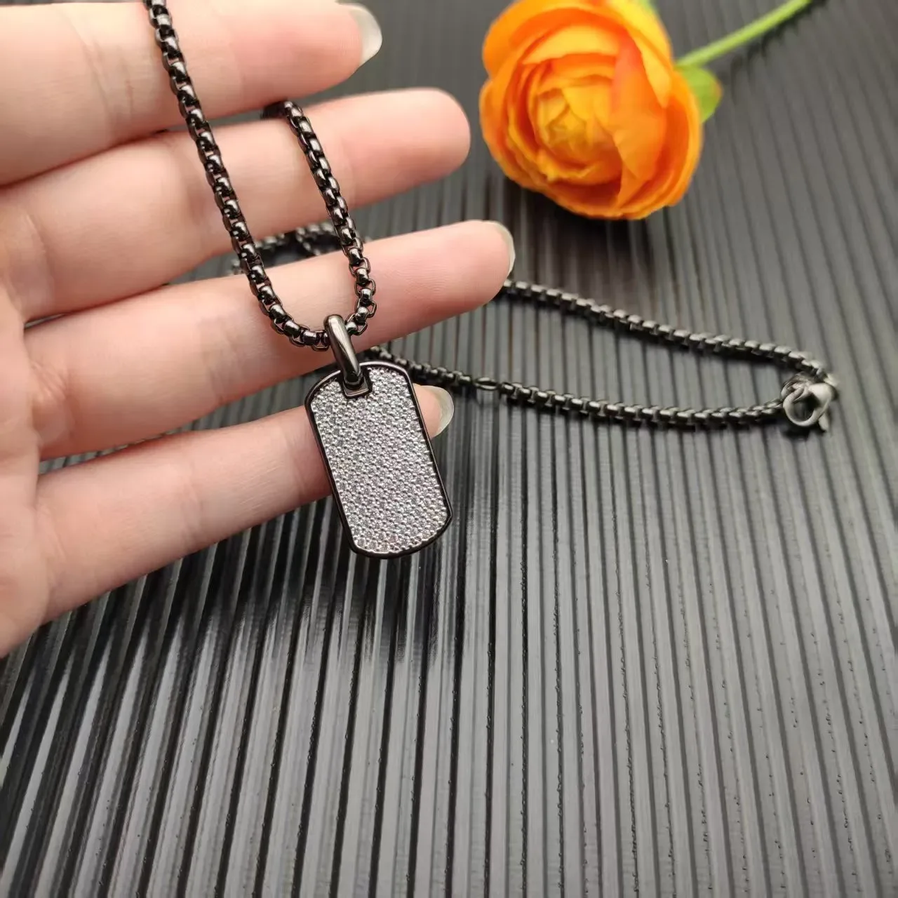 Black Silver Curb Chain Dog-Tag Pendant Necklace 9