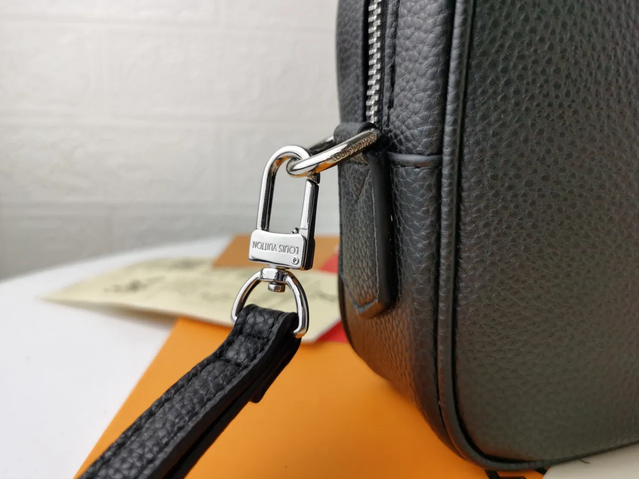 Black Silver Pebbled Leather Front Zip Pocket Crossbody Bag 3