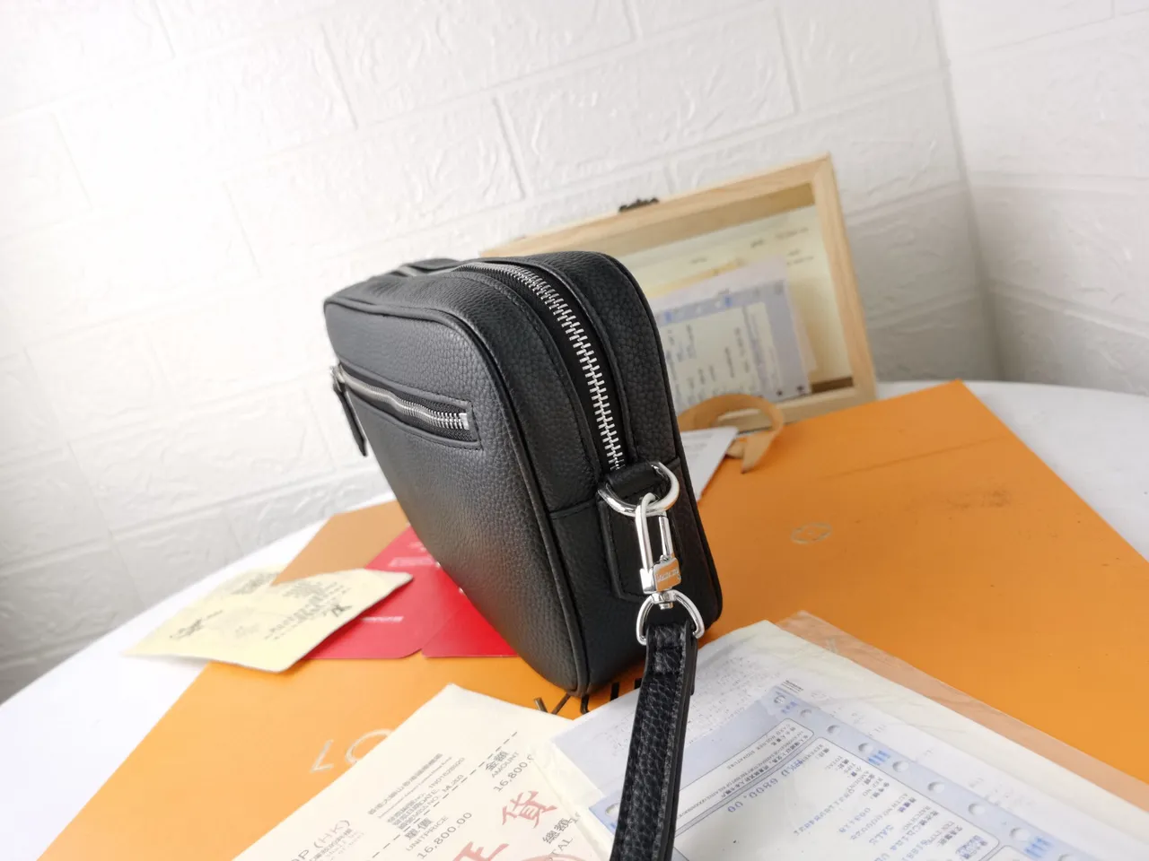 Black Silver Pebbled Leather Front Zip Pocket Crossbody Bag 6