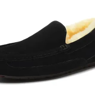 Black Suede Shearling-Lined Moccasin Stitched Slip-On Loafers