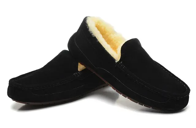 Black Suede Shearling-Lined Moccasin Stitched Slip-On Loafers 2